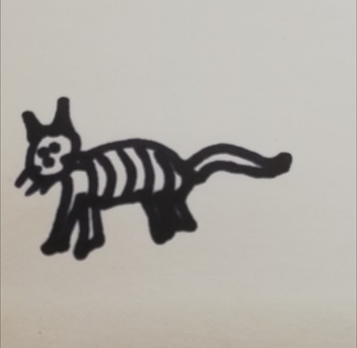 Poorly drawn striped cat in black ink