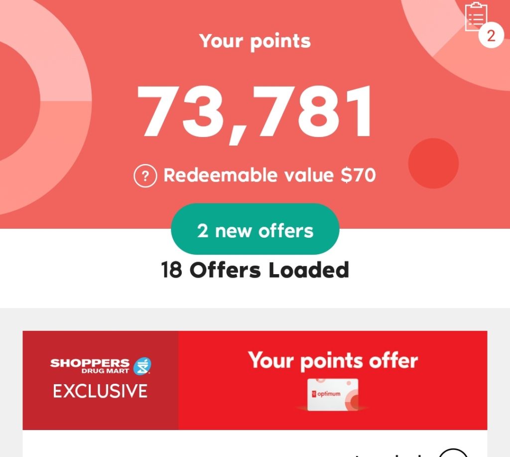 screen shot of my PC Optimum app showing a points balance of 73,781