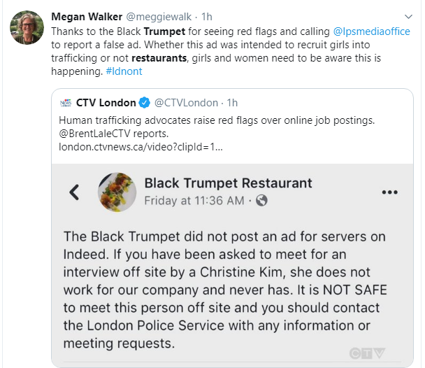 Megan Walker retweets a CTV News story link and a tweet from Black Trumpet Restaurant telling Londoners the ad has nothing to do with them and that it's not safe to meet the person because she has no connection to the restaurant. 