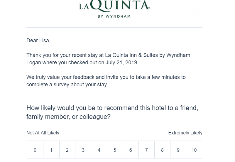 Email asks me to rate my stay at the La Quinta Inn & Suites by Wyndham Logan, with the hotel logo and official-looking wording.