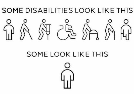 black outlines of people with various disabilities: walking with a cane, ina wheelchair, etc. Above them it reads: some disabilities look like this. Below them it reads, some look like this and the drawing is of a man just standing there.
