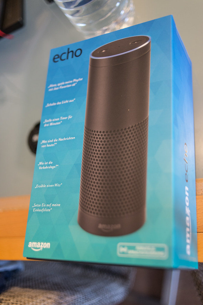 An Amazon Echo smart speaker still in the blue box