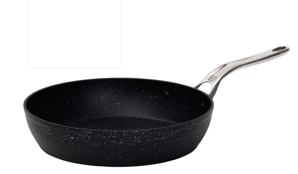 Fry pan. Black body with stainless steel handle. 