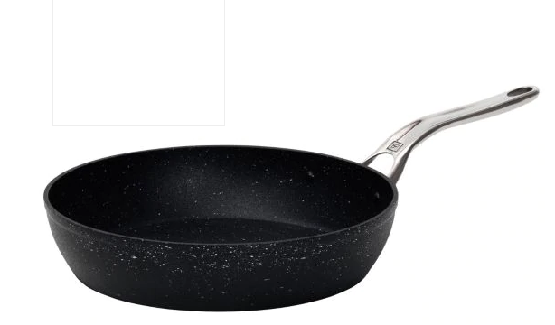 Fry pan. Black body with stainless steel handle.