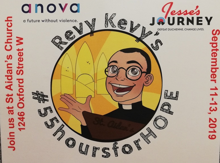 Cartoon drawing of Revy Kevy on a postcard with details about the 55 Hours for Hope.