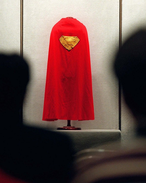 The Superman cape worn by Christopher Reeve on a stand at Sotheby's auction house after the death of Christopher Reeve