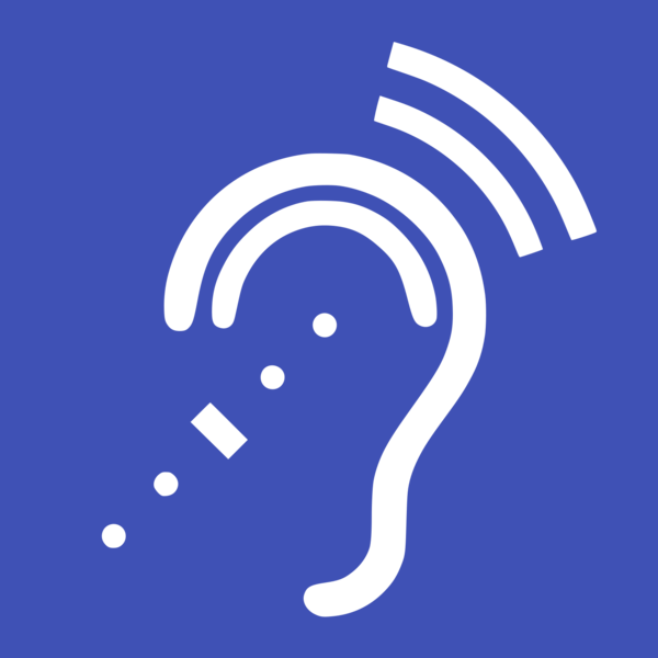 A blue background with a white line drawing of an ear and sound going into and out of it.