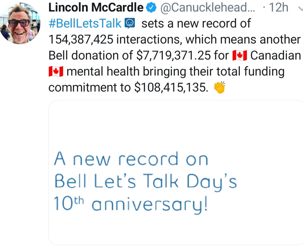 Tweet by Lincoln McCardle that shows Bell's donation for 2020 Let's Talk Day totals $7.7-million. 