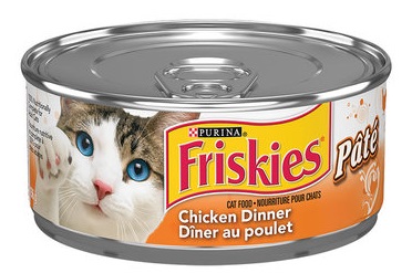 A can of Friskies Chicken Dinner pate.