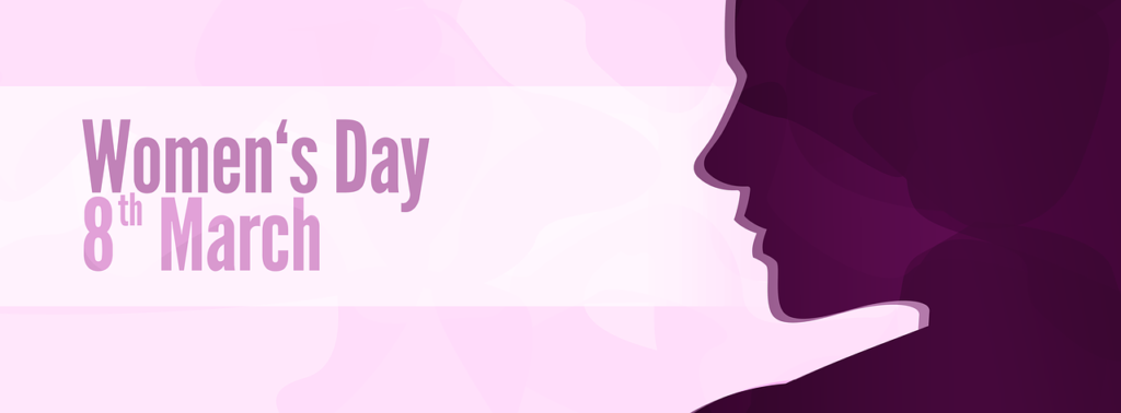 International Women's Day graphic. Light purple with a dark purple silhouette of a woman's face on the far right side
