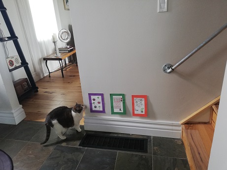 Miss Sugar scratches her chin on the all near three small drawings framed with construction paper in purple, green and orange. They are mounted near the baseboard at the bottom of a staircase.