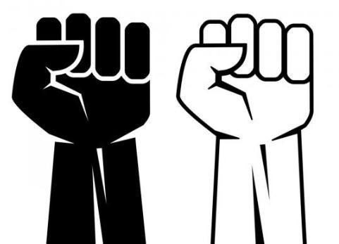 A black fist beside a white fist, line drawings