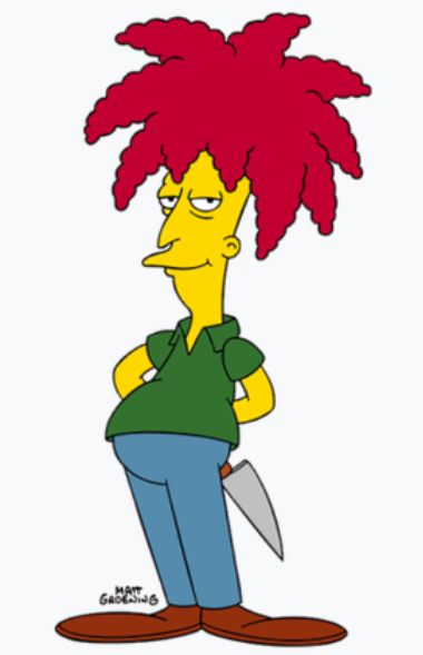 Sideshow Bob has an umbrella-like crop of dreadlocks. He's wearing a greetnT-shirt, blue pants and is holding a knife behind his back.