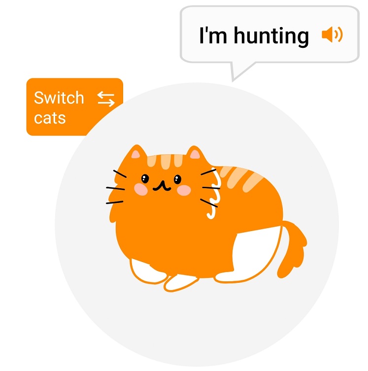 Screenshot of the app shows an orange cartoon cat. The translation is "I'm hunting". 