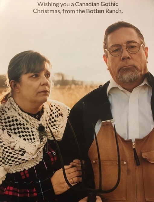 Derek and I posed as the American Gothic couple. He's wearing overalls and holding a pitchfork. I have a crocheted shawl over my plaid work shirt.