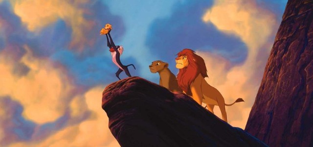 Scene from The Lion King where the old monkey is holding baby Simba up to the sky.