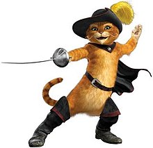 Puss N Boots, the swash-buckling ginger cat in his sword fighting regalia.