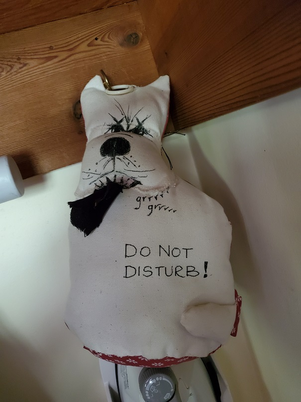 The Do Not Disturb dog - a stuffed white, canvas dog that has Do Not Disturb written on it in black marker.