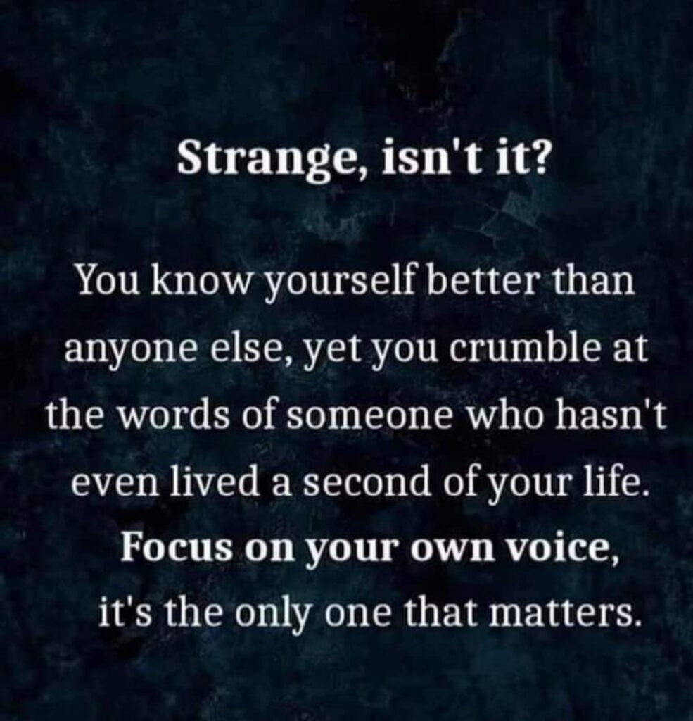 Meme reads: Strange isn't it? You know yourself better than anyone else, yet you crumble at the words of someone who hasn't even lived a second of your life. Focus on your own voice. It's the only one that matters.