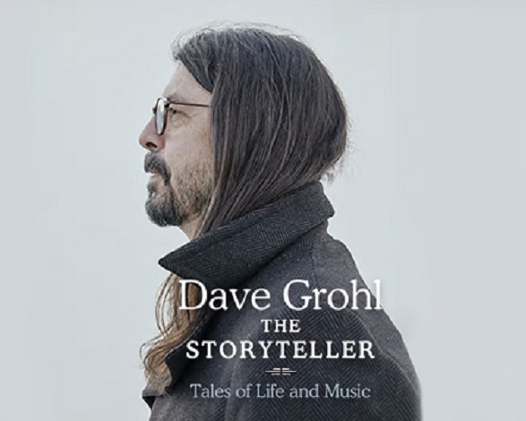 Cover of Dave Grohl's The Storyteller, Tales of Life and Music, features the author in side view and the title in a simple white font.