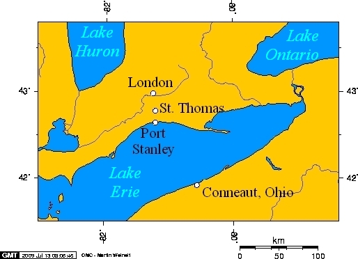 map showing Port Stanley south of St. Thomas on the north shore of Lake Erie