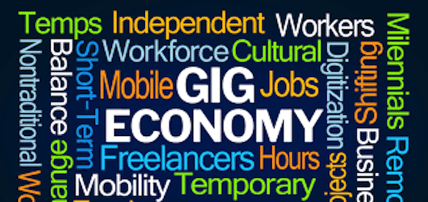 collage of words on a black background centred on Gig Economy. Words include workforce, cultural, independent, freelancers, temporary and mobile.