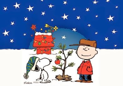Charlie Brown and Snoopy with Charlie's sad little tree that's drooping with one red ball on it. 