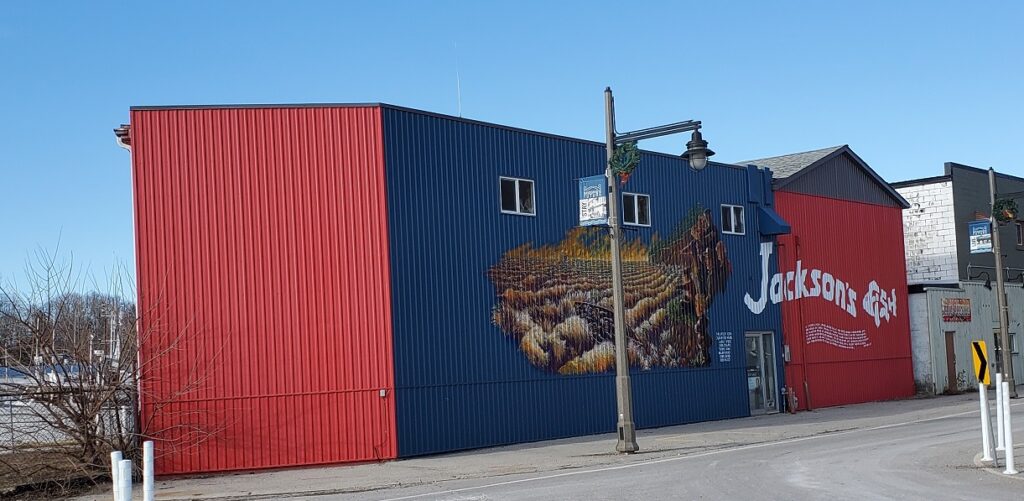 Large, steel-clad red and blue building with Jackson's Fish in white lettering. It has a mural on the side of a happy fisherman and a field. It backs onto the harbour.