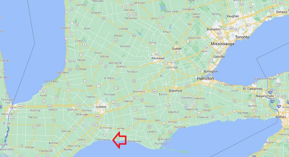 Map of Ontario showing Oshawa to the east, Sarnia to the west, Mt. Forest to the north and Port Stanley noted with a red arrow at almost the southern-most point. 