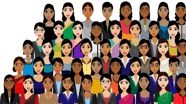 cartoon drawings of dozens of women of various ages and ethnicities