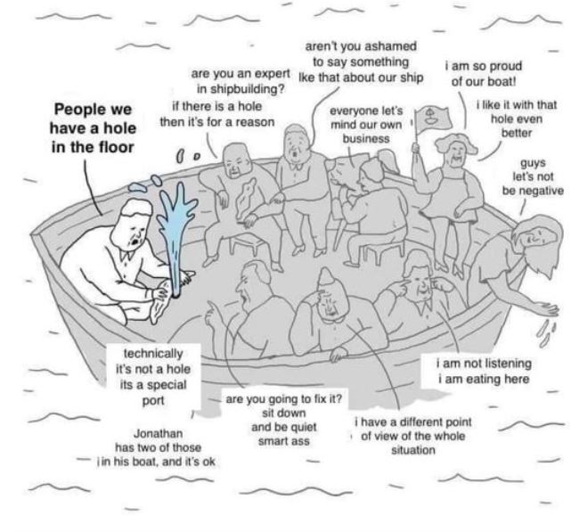 A cartoon shows 9 people in a boat. One says, "people we have a hole in the floor", and everyone else has a different reaction. One says, "don't be negative". Another says, "I have a different point of view of the whole situation." etcetera