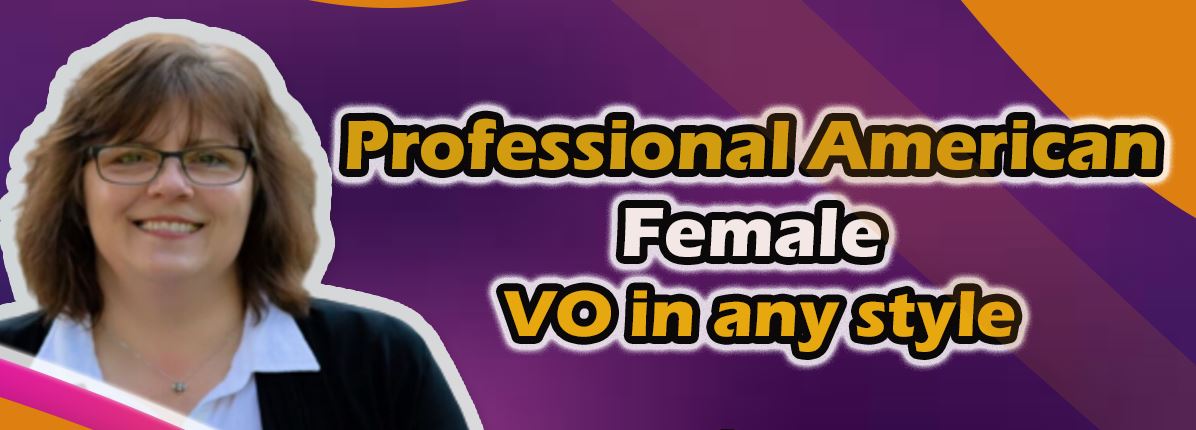 A snip of my Fiverr profile that has a purple and gold background, my photo, and says Professional American voice-over in any style