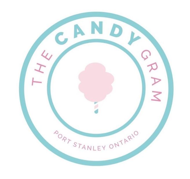 The Candy Gram logo is a mint green circle with a pink candy floss in the middle and their name plus Port Stanley, Ontario