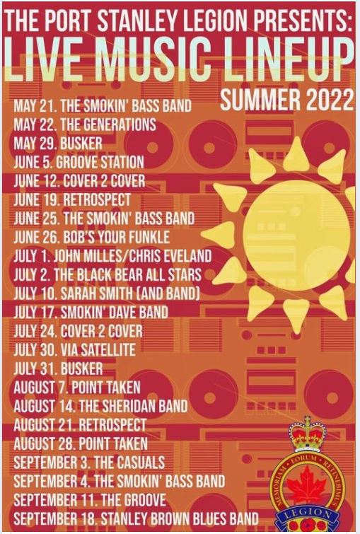 An orange and yellow infographic that lists music acts performing at the Port Stanley Legion this summer