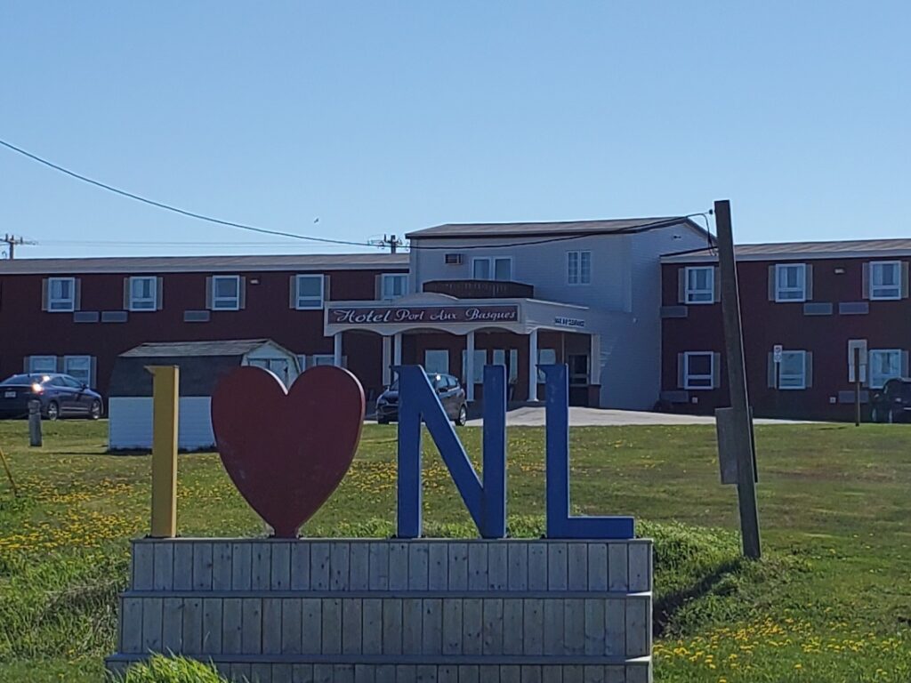 Standup letters in from of the Hotel Port aux Basques read I Love (heart) N.L. (Newfoundland and Labrador)