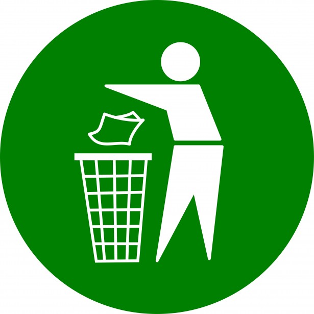 A green circle with a white doodle of a man putting an item into a bin