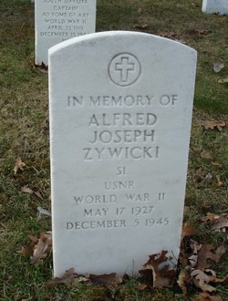 Grave marker at Arlington cemetery is a simple granite market engraved In Memory of Alfred Joseph Zywicki.