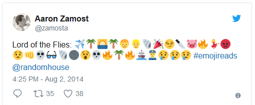 A tweet by Aaron Zamost that tells the story of Lord of the Flies with emojis, starting with a plane, some palm trees, a knife, a pig, angry faces and more. 
