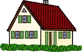 drawing of a house with a red roof, green shutters and a green hedge around it to depict general real estate