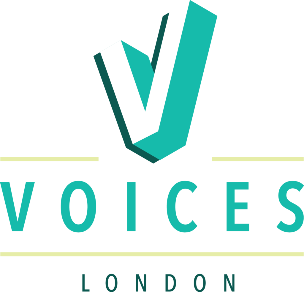 Logo for Voices London has a 3-dimensional V in two greens and white above the word VOICES and then LONDON separated by lime green lines. 
