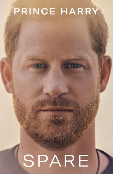 Cover of Prince Harry's book Spare features a closeup of his face.