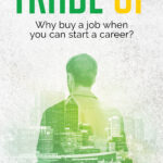 Trade Up book cover has shades of green and gold, shows a man walking toward a city.