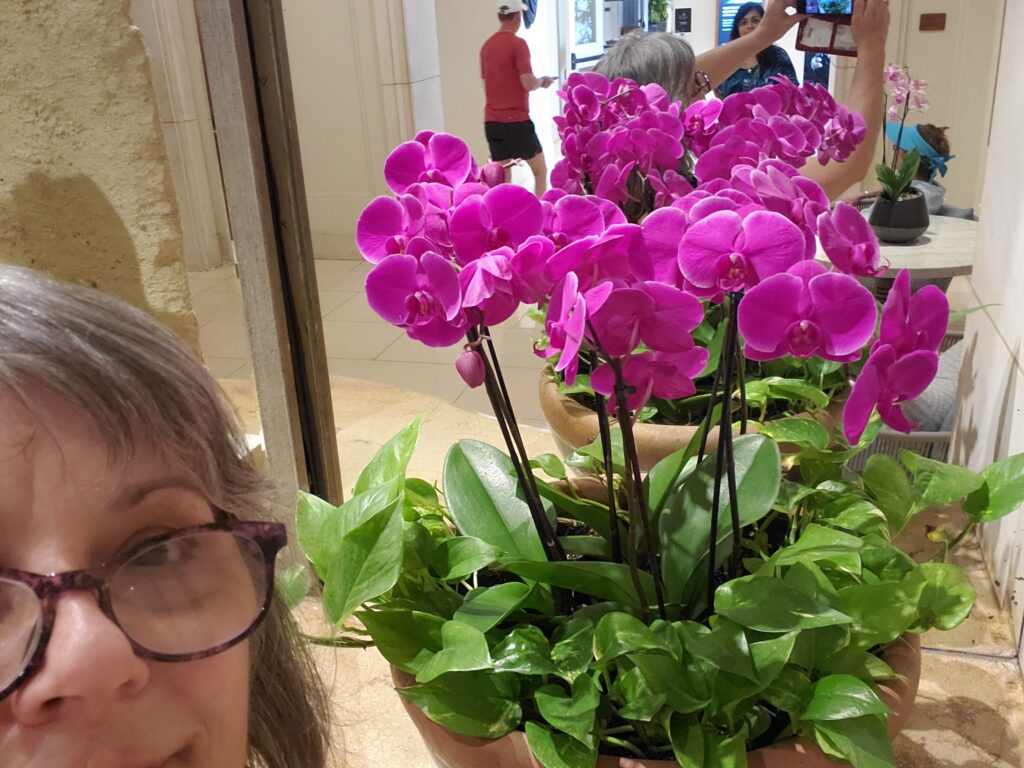 A selfie with me and a beautiful orchid with countless bright pink flowers.