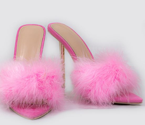 High heel shoes with fuzzy pink straps