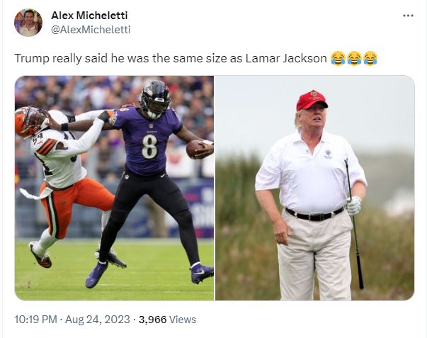 Side by side photos of Lamar Jackson, physically fit football player, and Donald Trump, chunky golfer, who both say they're 6-foot three and 215 lbs. 