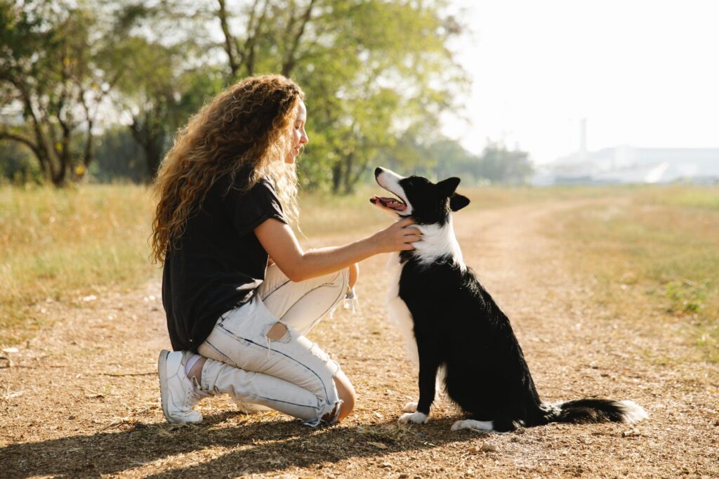 woman petting border collie on pathway
