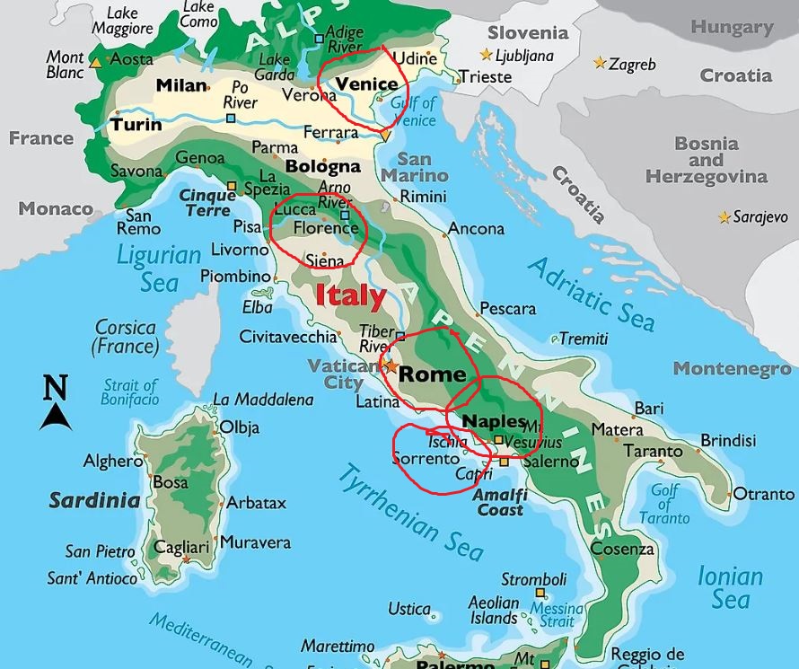 Map of Italy with five cities circled in red. Venice, Florence, Rome, Sorrento, Naples. 