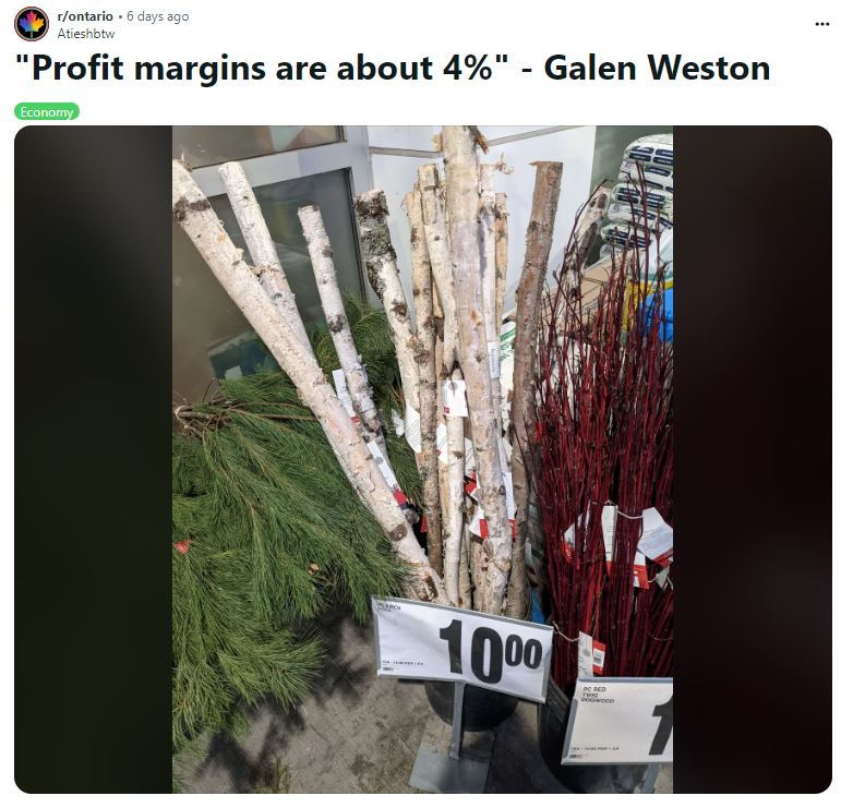 A Reddit post showing birch sticks for ten dollars each at Loblaws.