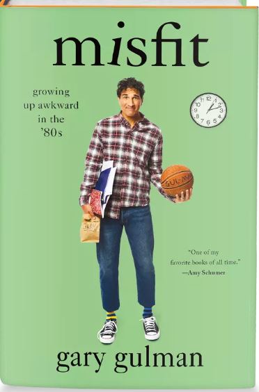 Cover of Misfit by Gary Gulman is green and features a photo of the comedian holding a basketball, lunchbag, and school books.