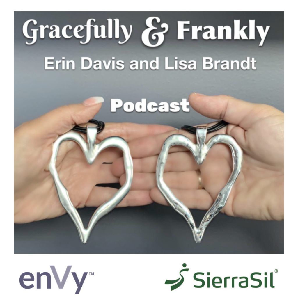 Gracefully and Frankly logo features our silver heart necklaces and the logos of our sponsors: EnVy pillow and Sierra Sil.